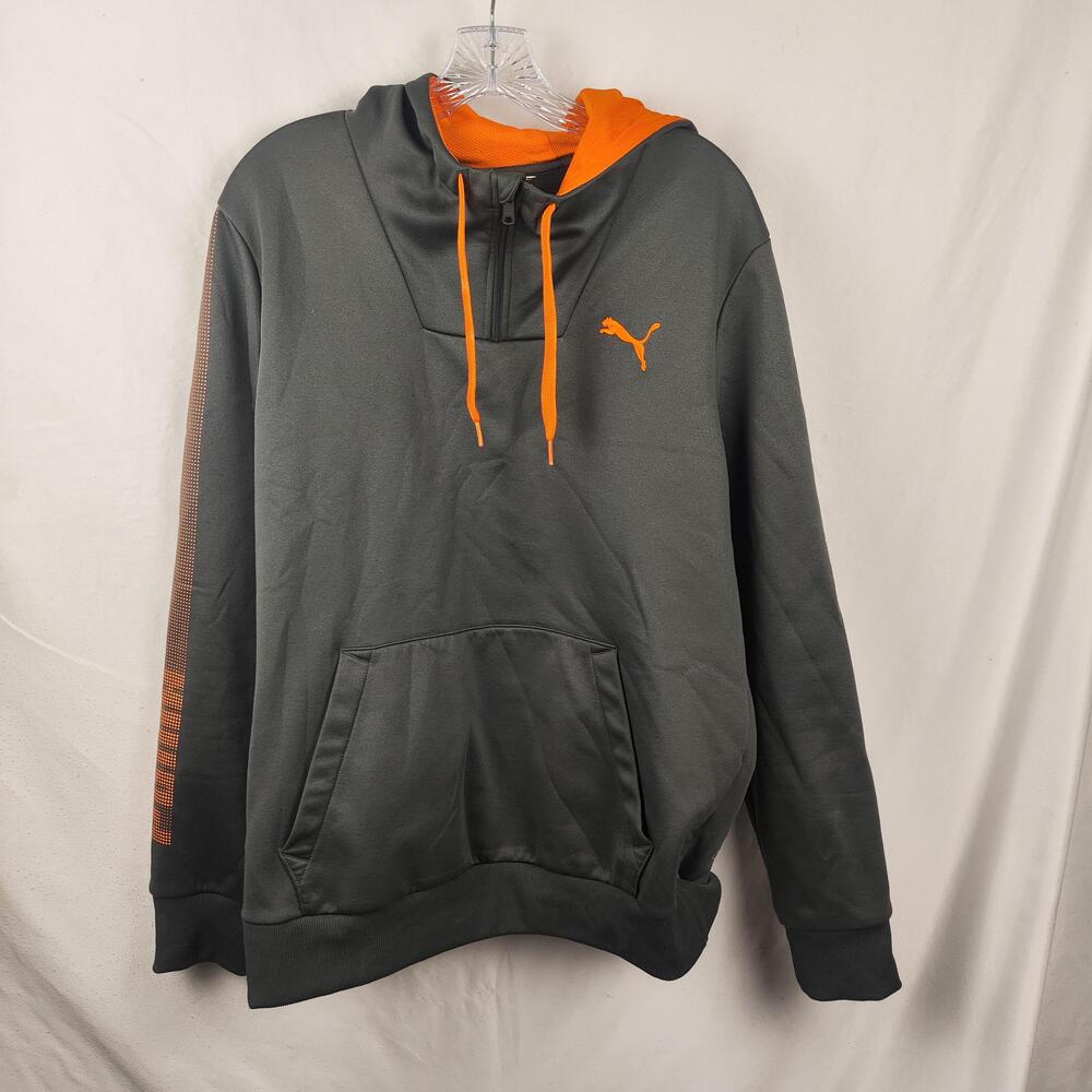 Puma Hoodie Mens XL Gray WarmCELL 1/4 Zip Fleece Pullover Orange Logo Hood